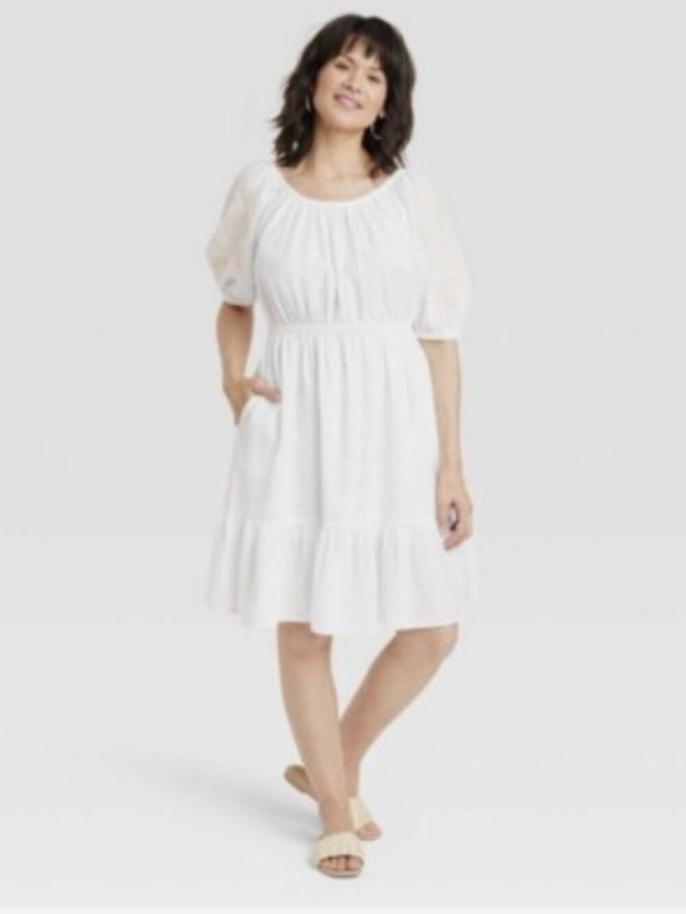 Knox Rose White Embroidered Puff-Sleeve Dress - Size L - NWOT